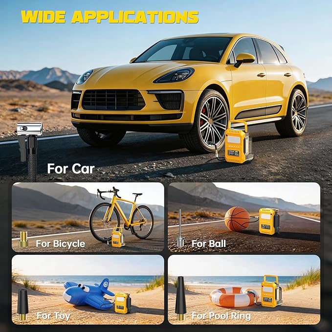 5X Faster Tire Inflator Portable Air Compressor, 160PSI Cordless Air Pump Compatible with Dewalt 20V Battery with Digital Pressure Gauge, LED Light, Deflator & Auto Shut-Off for Car, Motorcycle, Truck