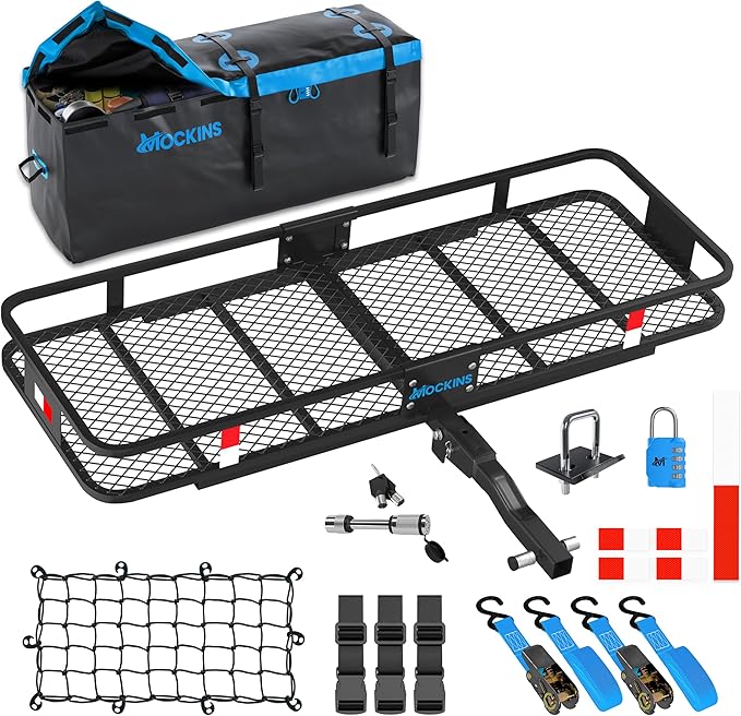 Mockins 60"x20"x6" Heavy Duty Trailer Hitch Cargo Carrier & 16 CuFt Waterproof Cargo Bag | Rust-Resistant Steel 500 Lb Capacity Folding Luggage Rack for SUV, Car, Truck & RV w/Hitch Rack Accessories