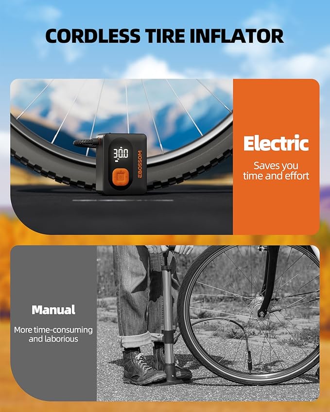 Tire Inflator Portable Air Compressor Cordless Bike Pump with Digital Dual Values Display, 130 PSI Car Tires Pump with LED Lights Air Pump for Bikes, Motorcycles, Balls（15cm Car Air Hose）