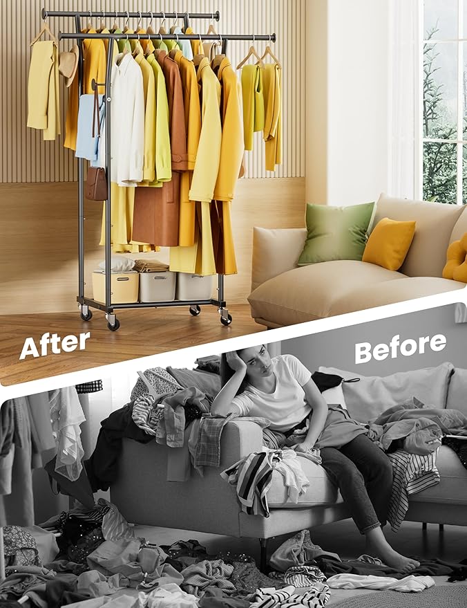 Double Rods Clothes Rack, Rolling Clothing Rack with Wheels, Metal Clothing Racks for Hanging Clothes, Portable Garment Rack 