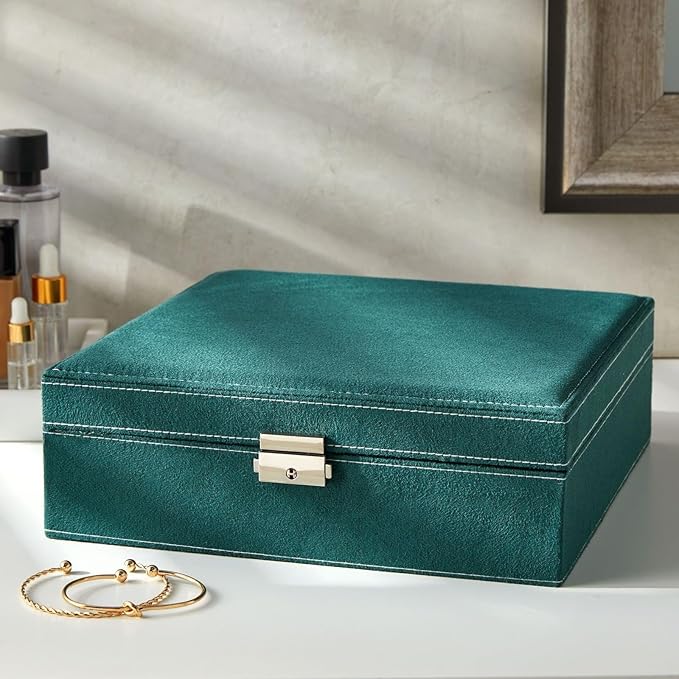 Juvale Velvet Jewelry Box Organizer - 10.5 x 10.5 x 3.5 in, Green - Lockable 2-Tier Travel Jewelry Case & Earring Storage - R