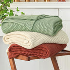 Chunky Cable Knit Throw Blanket Lightweight Light Green 100% Organic Cotton Blanket for Sofa Couch Bed Baby Nursery, Rustic S