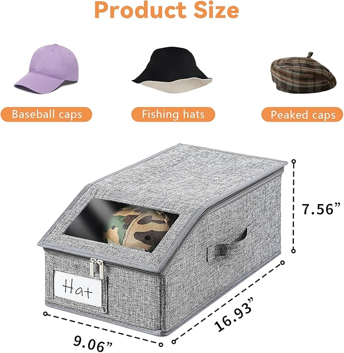 4 Pack Grey Hat Organizer for Baseball Cap, Hat Storage for Closet with Clear Window, Breathable Fabric Hat Box for Snacks, T
