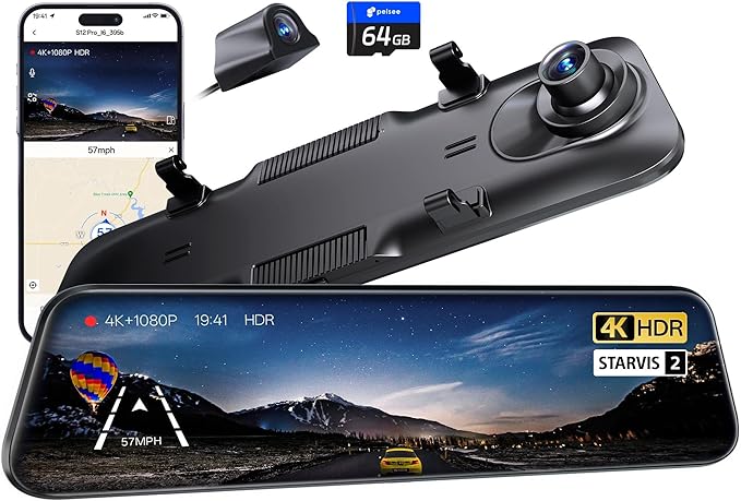 Pelsee S12 Pro Mirror Dash Cam with STARVIS 2 Sensor, Rear View Mirror Camera 5.8GHz WiFi, 4K Front and 1080P Rear Backup Cam