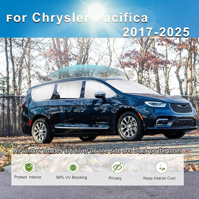 KMF 8pcs Thicken Sun Shades for Chrysler Pacifica 2017-2025 Accessories, Full Car Window Covers Sunshade for Windshield Side Rear, UV Block and Blackout Privacy for Camping Outdoor