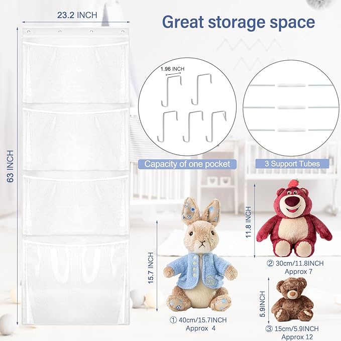 Woodoulogy Hanging Stuffed Animal Storage, Over Door Large Plush Toy Organizer with Metal Hook, Baby Accessory Holder Idea fo