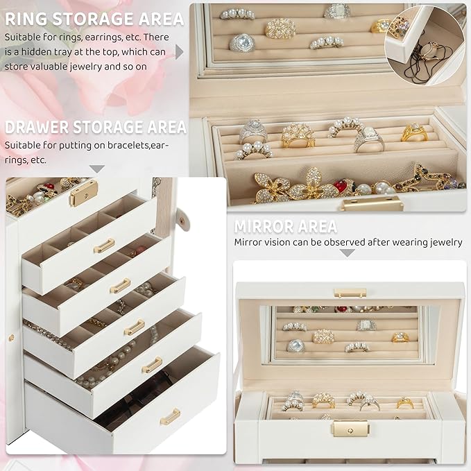 AKOZLIN Large 6-Tier Jewelry Box Lockable Leather Jewelry Storage Case with 5 Drawers for Women Girls Ring Necklace Earring B