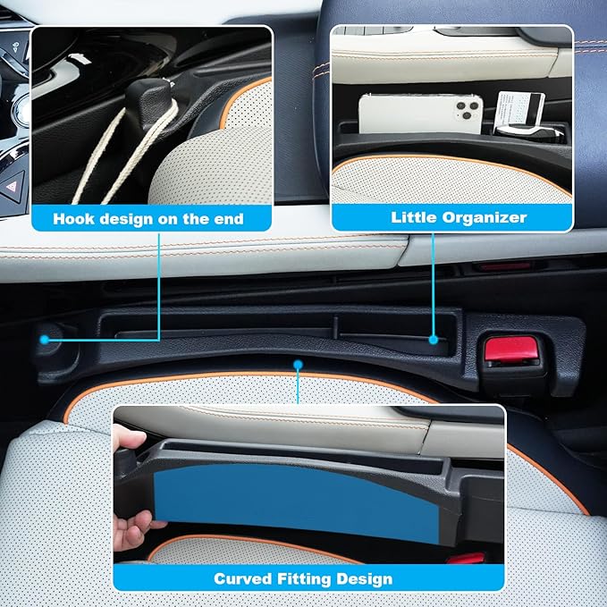 Car Seat Gap Filler with Drop Prevention & Storage Hook - Between Seats Console Organizer for SUV Truck - Car Accessories - Set of2 (Black)