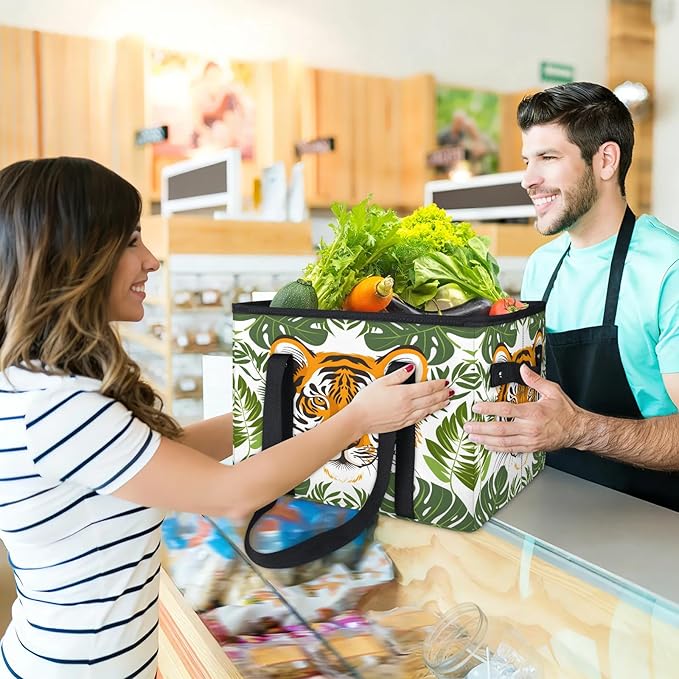 Reusable Grocery Bags Heavy Duty Shopping Bags Foldable Large Tote Bags with Long Handles & Hard Bottom