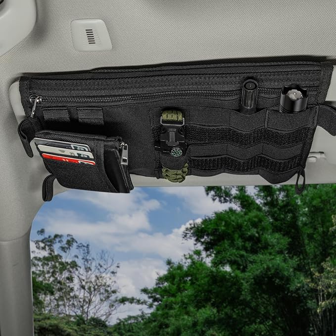 Car Sun Visor Organizer, Double Sided Visor Organzier with Card Pouch for Cars, Trucks, Vans, Multi-Functional Sunglass Holder, Tactical MOLLE Accessories, 2-Pack