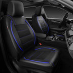 CAR PASS Universal FIT Piping Leather Two Front Seat Covers, Waterproof Faux Leather for SUV Sedan Van Truck, Airbag Compatible,Reserved Opening Holes for Headrest Covers. (Black and Blue)