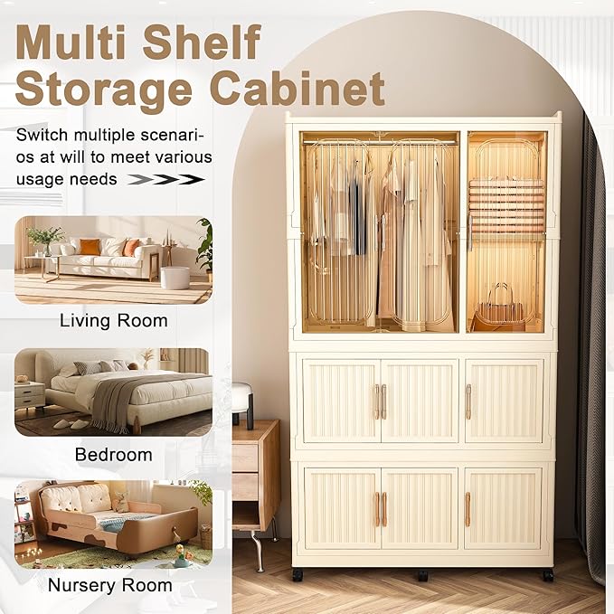 Portable Closet Wardrobe with Magnetic Doors, Foldable Armoire Wardrobe Closet with 1 Hanging Rod, 9 Cubes and 6 Hangers, Clo