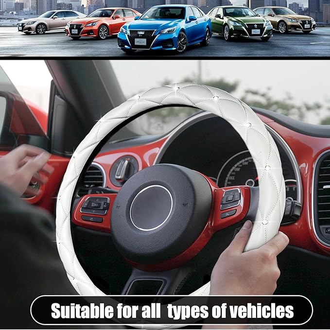 SuperKaKa Steering Wheel Cover, Auto Cute PU Diamond Bling Breathable Soft Comfort Leather Car Interior Accessories Sparkly F
