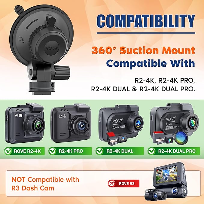 ROVE Suction Cup Mount for R2-4K, R2-4K PRO and R2-4K Dual Dash Camera Models