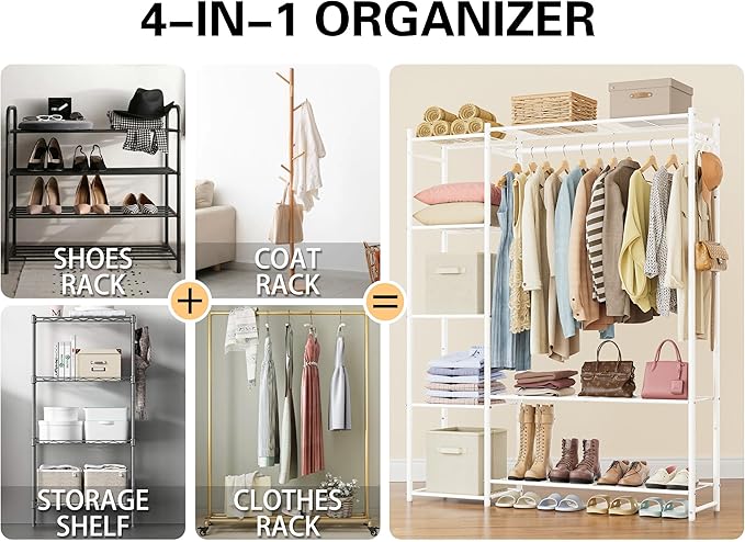 Wardrobe Closet,Portable Clothes Rack with 4 Tiers Shelves,Freestanding Closet Organizers and Storage System with Hanging Rod