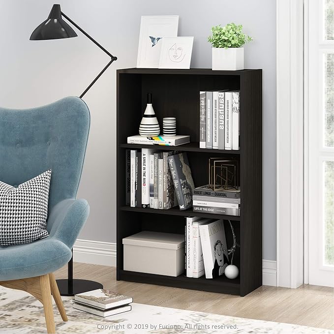 Furinno JAYA Book Shelf, 3-Tier Bookshelf, Bookcase with Adjustable Shelves, 9.5 x 24.5 x 40.3, for Organization and Storage,