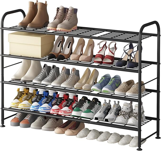 LINZINAR Shoe Rack Long 4 Tier Shoe Storage Organizer Metal Wide Shoe Shelf for Closet Entryway Bedroom 24 Paris Large Capaci