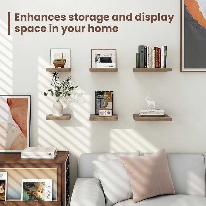 Fun Memories Square Floating Shelves for Wall - 12 Inch Deep Floating Shelves with Invisible Brackets, Grey Small Wall Shelf 