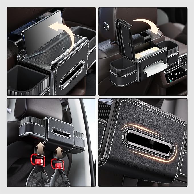 Multifunctional Car Seat Back Organizer Box with Drink Cup Holder, Makeup Mirror, Tissue Box& Hooks for Car Seat Back, New Upgrade Car Headrest Backseat Organizer Suitability for Wife, Girlfriend
