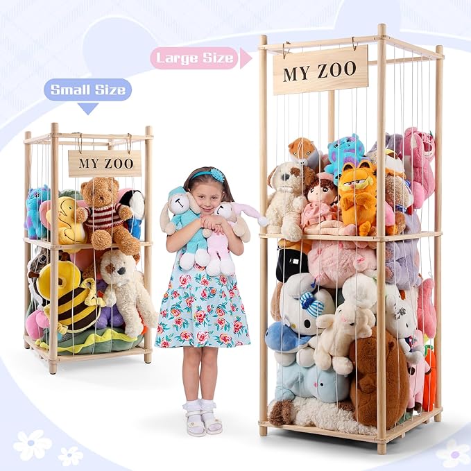 GLDZI Stuffed Animal Storage Zoo, Wooden Stuffed Animal Organizer with Elastic Cords for Boys Girls, Space Saving Toy Plushie
