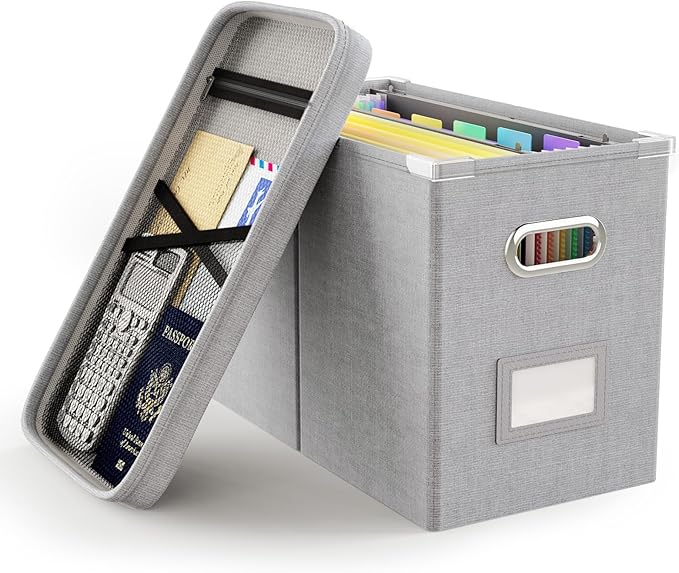 Oterri File Organizer with Lid, Hanging Filing Box with Mesh Pocket, Document Organizer for Letter Files, Portable Storage Bo