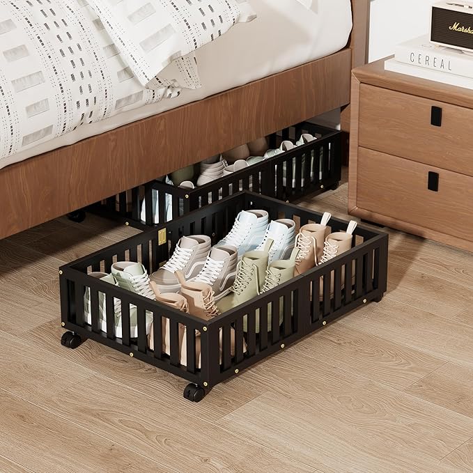 Bamboo Under Bed Storage with Wheels,Rolling Underbed Shoe Organizer Box for Shoes,Blankets,Toys,Clothes Container Space-Savi