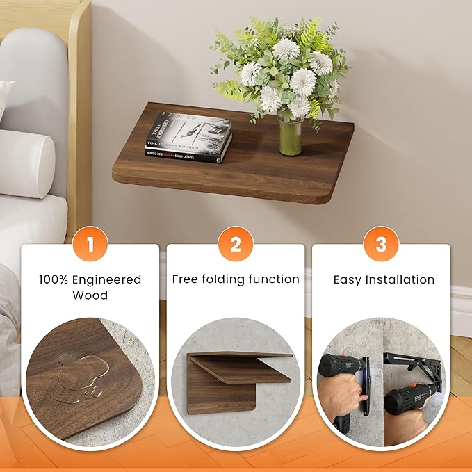 Foldable Walnut Floating Wall Shelves 16 inch, Bathroom Shelves Wall Mounted,12" Deep Wood Floating Kitchen shelves,Easy to I