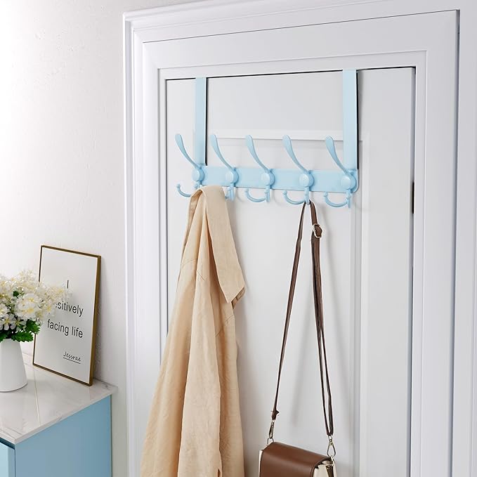 Dseap Over The Door Hook Hanger - Fits 1 3/8" to 1 3/4" Standard Doors | 5 Tri Hooks Heavy Duty Towel/Coat Rack | Door Organi