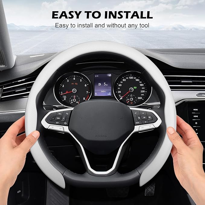 Frani Nappa Leather Steering Wheel Cover,Universal Fit 15 Inch-Premium Non-Slip Breathable Comfort Grip for Cars Trucks SUVs,Anti-Slip Durable Interior Upgrade White