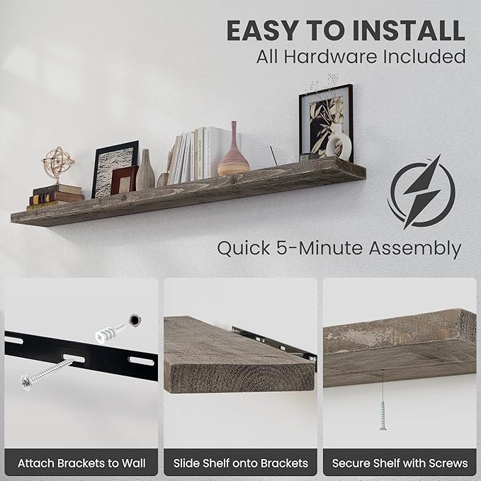 72 inch Floating Shelves for Wall, 8" Deep Rustic Reclaimed Barnwood Shelves, Floating Shelf Wall Hanging Shelves with Invisi