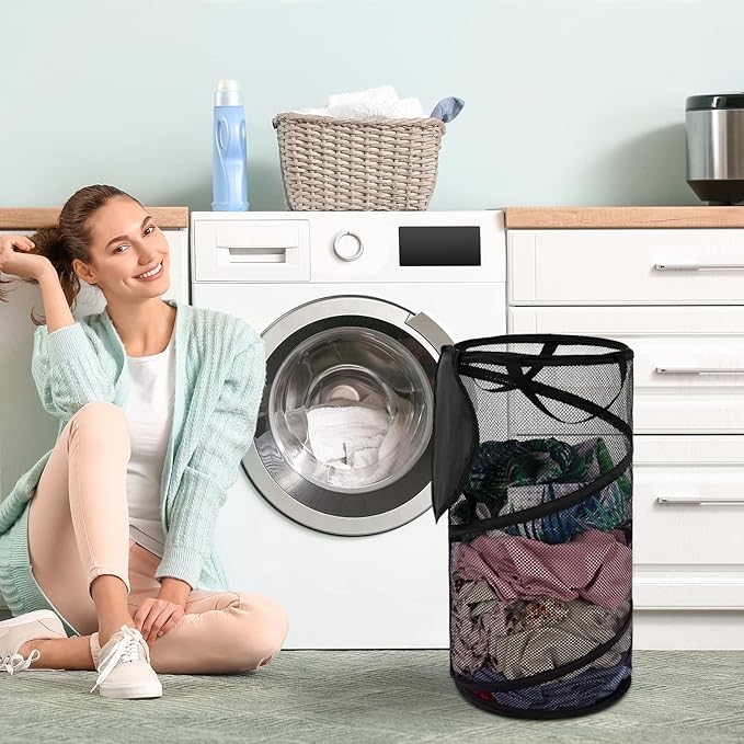 BATTOO Collapsible Laundry Basket with Lid Foldable Mesh Pop Up Hamper with Handles for Laundry Room, Bathroom, Kids Room, Co