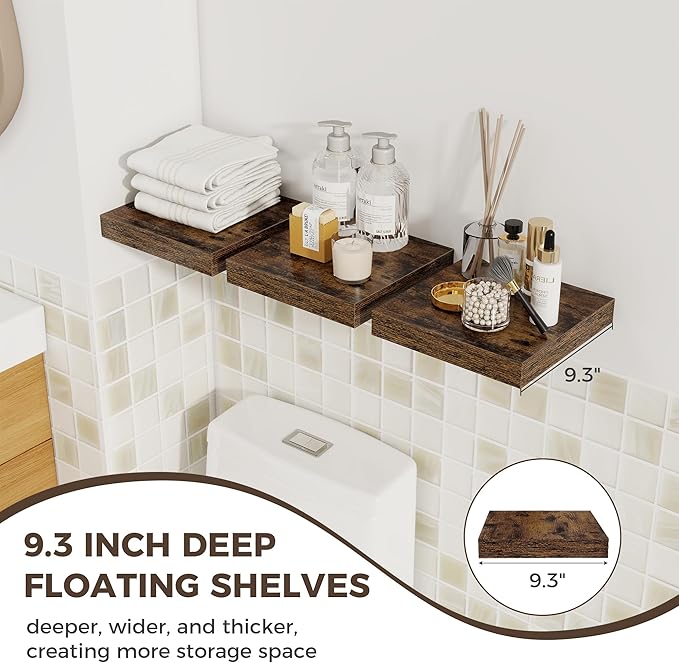 Fun Memories Square Floating Shelves for Wall, 9.3" W x 9.3" D x 1.4" H, Shelves for Wall with Invisible Brackets, Small Wood