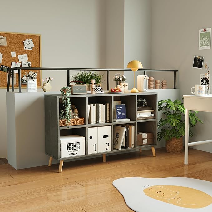 Flrrtenv 8-Cube Bookshelf 2 Tier Retro Bookcase with Legs, 11in Shelf Opening, 47" Wood Bookshelves Storage Organizer Shelf, 