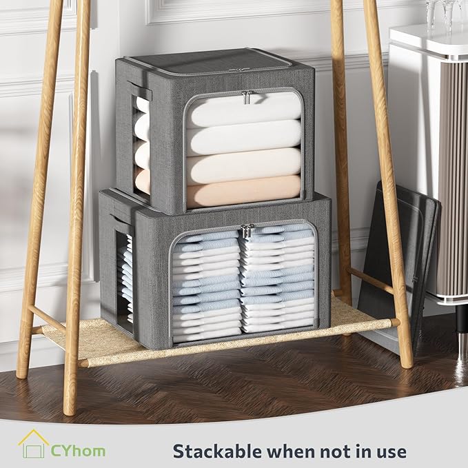 CYhom 4 Pack Clothes Storage Bins with Metal Frame - Linen Fabric Foldable Stackable Container Organizer Set with Clear Windo