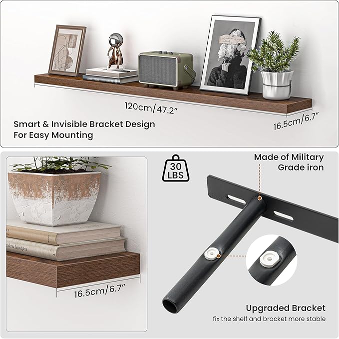 Heimlove 48 Inch Floating Shelves for Wall,Extra Long Wood Shelves Mounted Storage Hanging Shelf Invisible Bracket for Bedroo