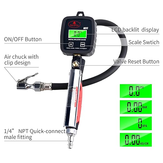 AEROPRO Tools Digital Tire Inflator with Pressure Gauge, 203 PSI Air Chuck and Compressor Accessories Heavy Duty with Rubber Hose and Quick Connect Coupler with Display Resolution