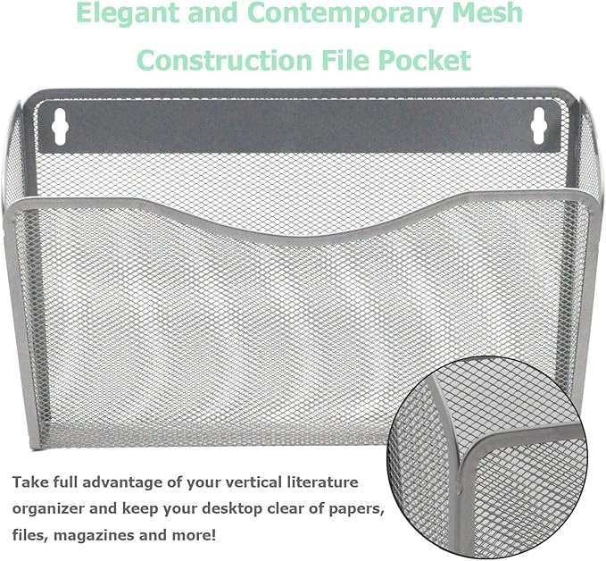 EASEPRES 6 Single Pocket Mesh Hanging File Organizer, Vertical Wall Mounted Magazine File Holder, Mount Basket Mail Paper Doc