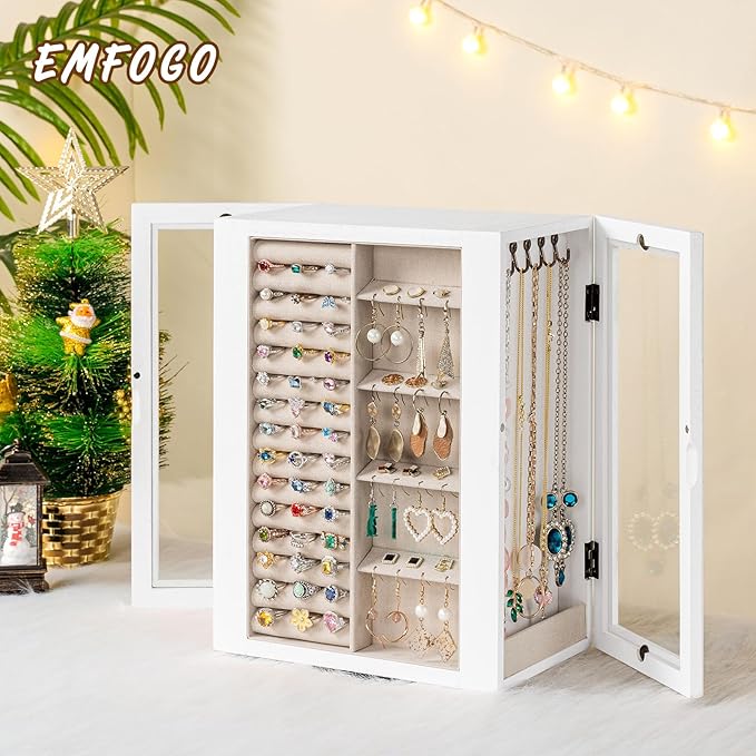 Emfogo 360° Rotating Jewelry Box for Women, Vintage Wooden Large Jewelry Organizer with 5 Drawers, Glass Doors, Vertical Open