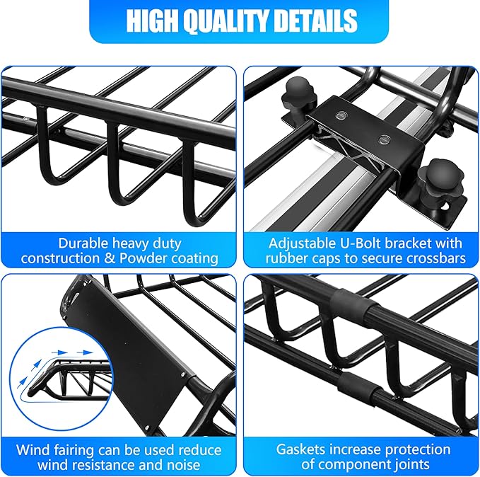 KAIRAY Roof Rack Cargo Basket 50"(L) x 36"(W) x 5.1"(H) Extendable Universal Rooftop Luggage Carrier for Truck Cars SUV with Waterproof Cargo Bag, Cargo Net, Ratchet Straps & Outdoor Combination Lock