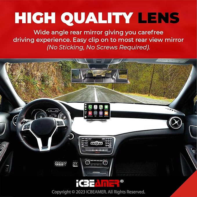 15.8" ICBEAMER Clip On Rear View Mirror | Flat Clear Tint Glass, Panoramic Wide Angle HD Glass, Anti Glare, Universal Fit for Car, SUV, Truck | Eliminates Blind Spots (1 Pack)