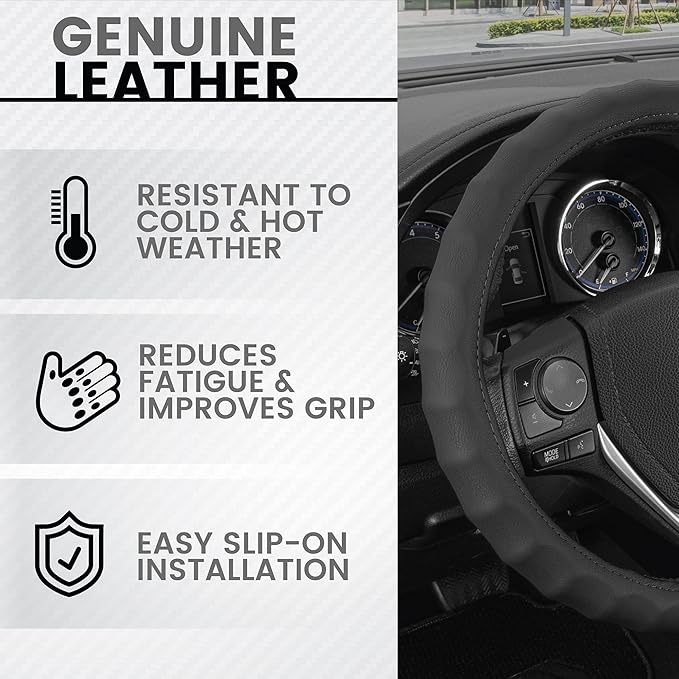 BDK Genuine Black Leather Steering Wheel Cover for Car, Small (13.5" - 14.5") – Ergonomic Comfort Grip for Men & Women, Car S