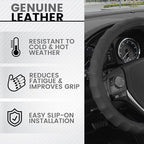 BDK Genuine Black Leather Steering Wheel Cover for Car, Small (13.5" - 14.5") – Ergonomic Comfort Grip for Men & Women, Car S