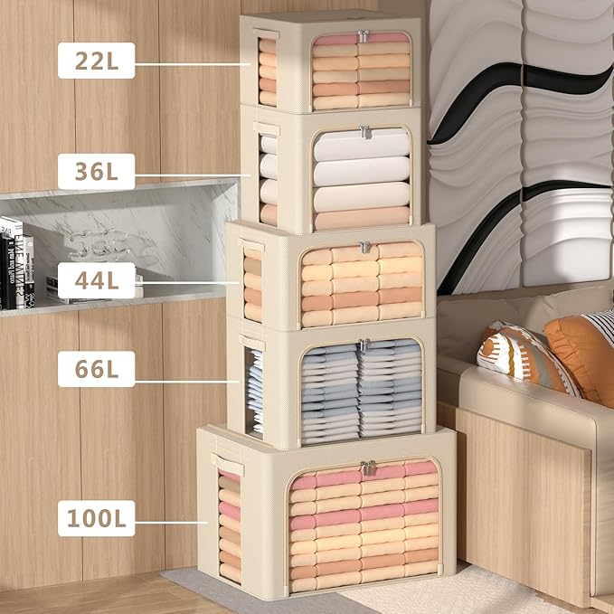 CYhom 4 Pack Clothes Storage Bins - Oxford Fabric Metal Frame Storage Box - Foldable Stackable Container Organizer Set with C