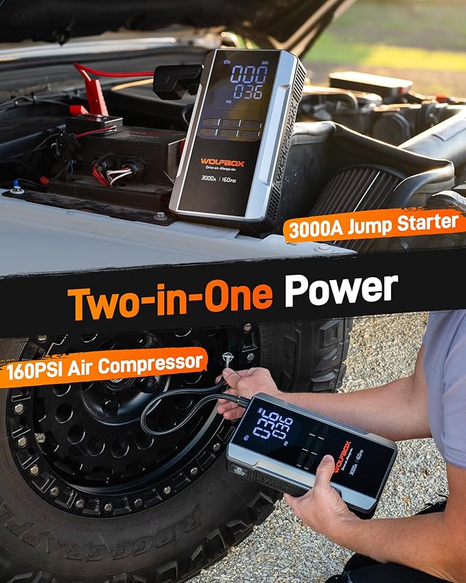 WOLFBOX 3000A Jump Starter with Air Compressor, 59.2Wh&160PSI Portable Car Battery Jump Starter with 65W Fast Charge, 12V