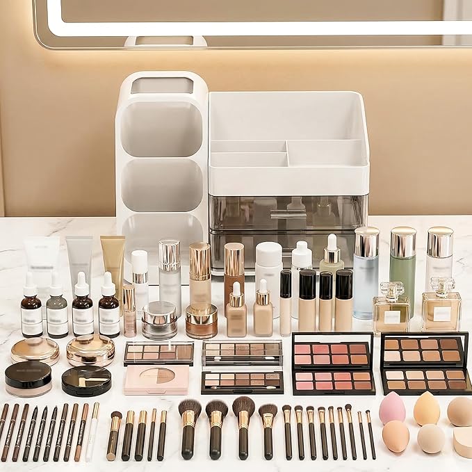 Large Capacity Makeup Organizer Countertop with Makeup Brush Holder for Vanity, Thickened Material, Bathroom Countertop Organ