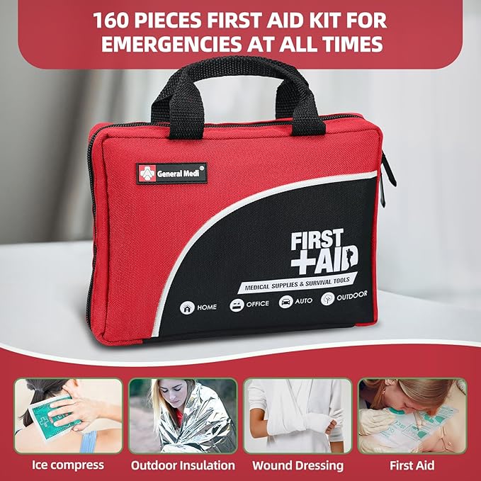 First Aid Kit -160 Pieces Compact and Lightweight - Including Cold (Ice) Pack, Emergency Blanket, Moleskin Pad,Perfect for Tr