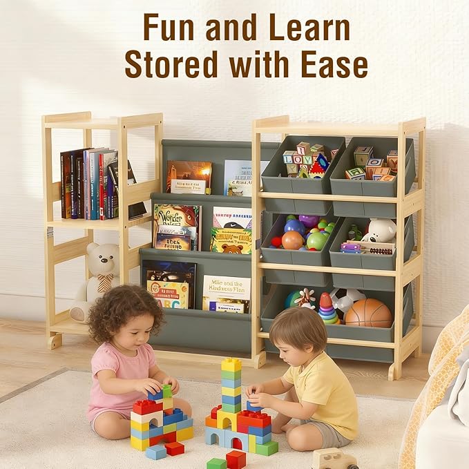 Kids Bookshelf and Toy Storage Organizer with 3-Tier Book Display and Shelves, Kids Toy Organizers and Storage with Bins, Boo