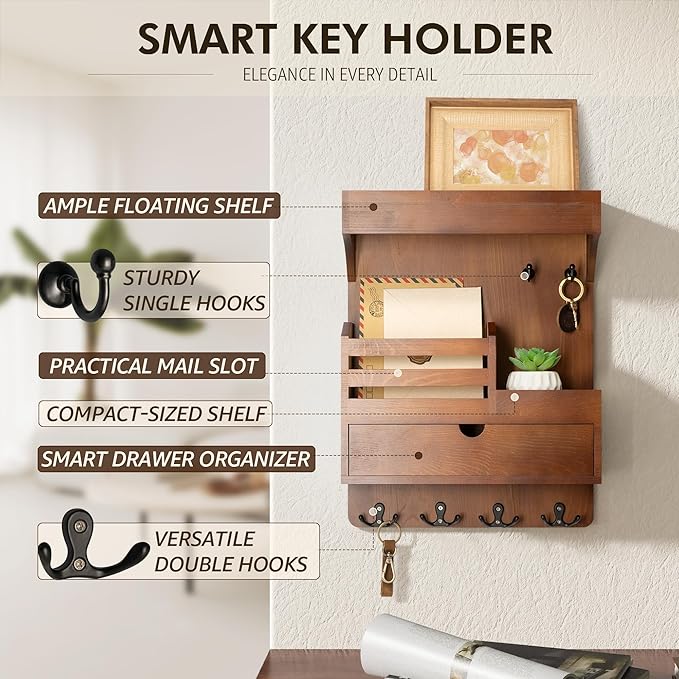 Rebee Vision Farmhouse Key Holder Wall Mount with Drawer Organizer – Pine Wooden Mail and Key Organizer for Wall with 6 Sturd