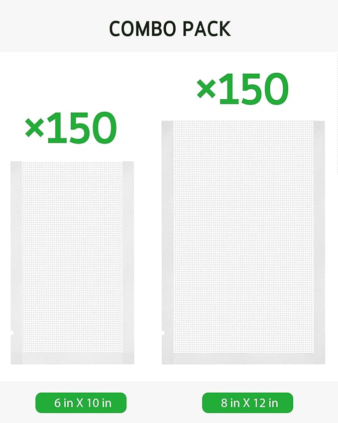 Syntus Vacuum Sealer Bags for Food, 300 Quart 8" x 12" and Pint 6" x 10" Commercial Grade PreCut Bag, BPA Free Food Vac Bags 