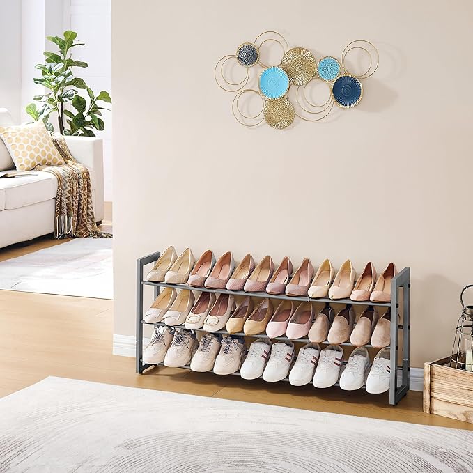 FAVOOSTY 3-Tier Expandable Shoe Rack, Adjustable Shoe Shelf Storage Organizer Space Saving Metal Free Standing Shoe Rack for 